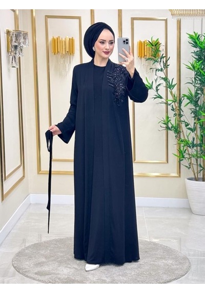 Nazzain El İşlemeli Abaya Takım Çok Renkli