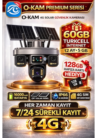 O-kam Ok335 Premium Serisi 12mp 4 Kameralı 4g Çift Solar Panel Gece Görüş 1 Yıl Turkcell +128gb Hafıza