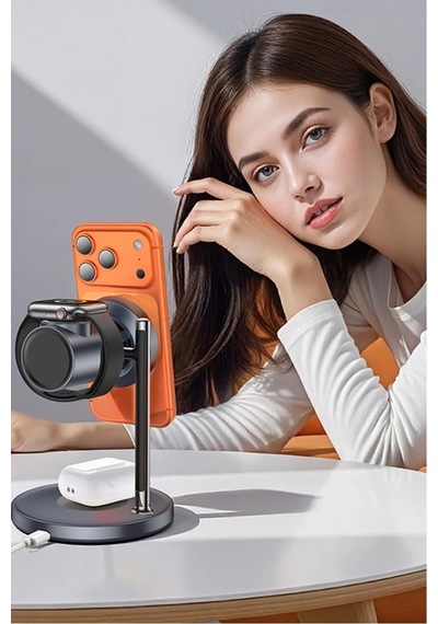 3'ü 1 Arada Qi2 25w Kablosuz Hızlı Şarj Standı Soğutucu Fanlı Apple iPhone İle Uyumlu-watch İle Uyumlu-Apple AirPods İle Uyumlu- Adaptör Siyah Hızlı Şarj Çok Renkli