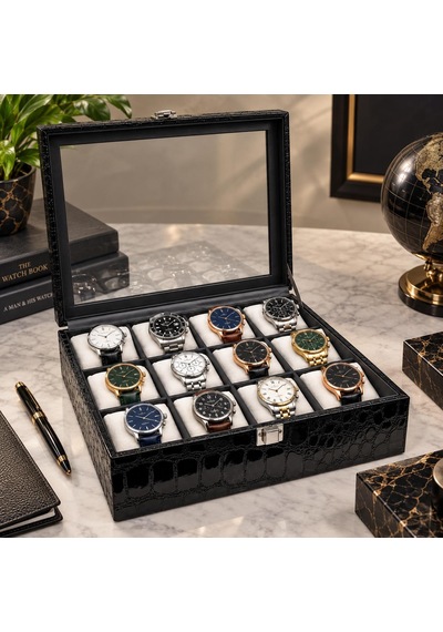 12 Li Premium Rugan Saat Koleksiyon Kutusu Cam Kapaklı Siyah Kroko Desenli