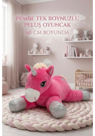 Boynuzlu Fuşya At 60 Cm Sevimli Konforlu: Peluş Uyku Yastığı Ve Sarılma Arkadaşı Dekoratif Oyuncak
