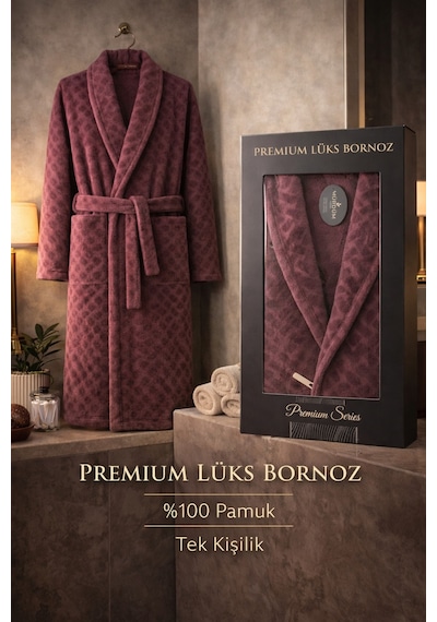 %100 Pamuktan Üretim Premium Lüks Bornoz Özel Çantalı Bordo
