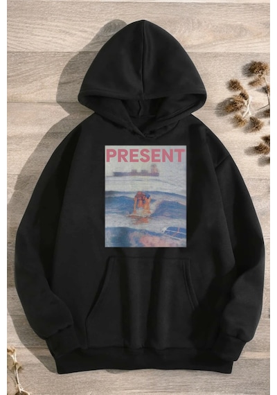 Present Baskılı Oversize Sweatshirt Siyah