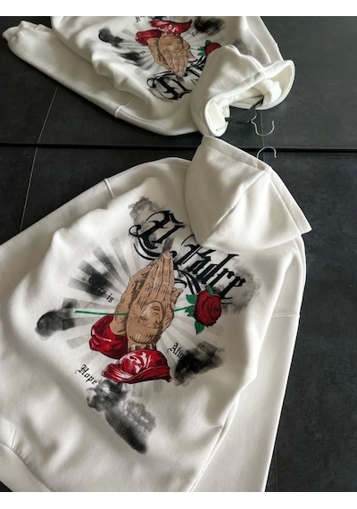 Etiler Collection Üç İplik Penye Uzun Kol Kapşonlu Baskılı Sweatshirt - Beyaz