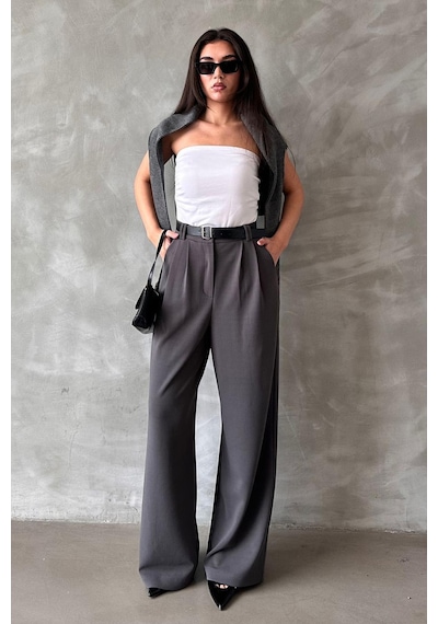 Madmext Füme Çift Pileli Kemerli Pantolon Mg2330 Füme