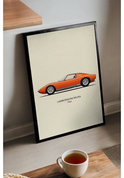 Lamborghini Miura Siyah Ahşap Çerçeveli Poster, Dekoratif Araba Duvar Tablosu