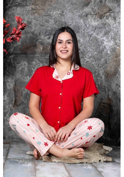Lukitus Desenli Gömlek Yaka Kısa Kol Pijama Takımı Kırmızı