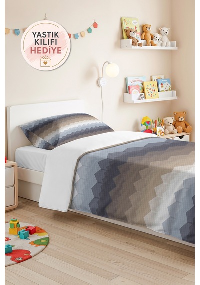 Geometrik Mavi Gri Genç Odası Tek Kişilik Pike Takımı - Modern Bej 160x220 Cm Kapitone Yatak Örtüsü Krem