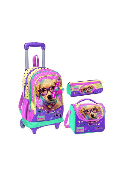 Coral High Sarı Pembe Sevimli Köpek Üçlü Çekçek Işıklı Tekerlekli Çanta Seti - Kız Çocuk