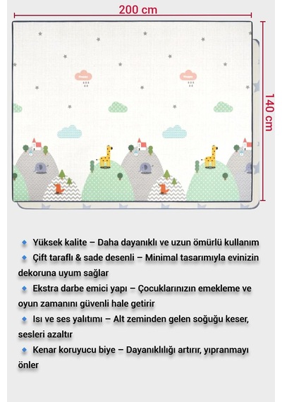 Wellgro Oyun Matı, 140x100x1 Cm Çift Taraflı Rulo Oyun Halısı