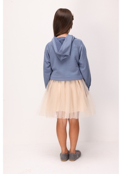 Le Mabelle İndigo Baskılı Kız Çocuk Kapüşonlu Sweatshirt Ve Elbise Takım - Fawn İndigo