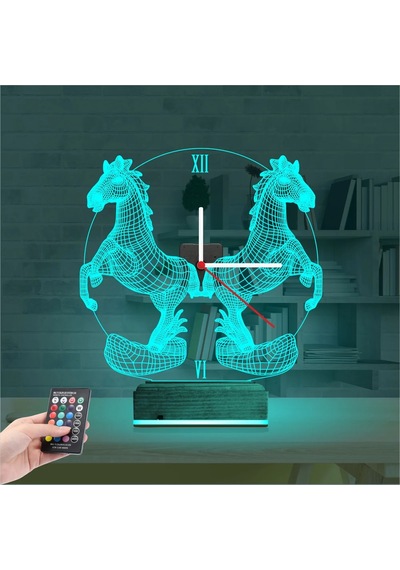 Luvivia Şahlayan At Tasarım Saatli 3d Lamba - Masa Gece Lambası Şeffaf