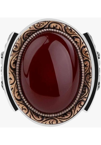 925 Ayar Gümüş Oval Tasarım Koyu Bordo Akik Taşlı Erkek Yüzük
