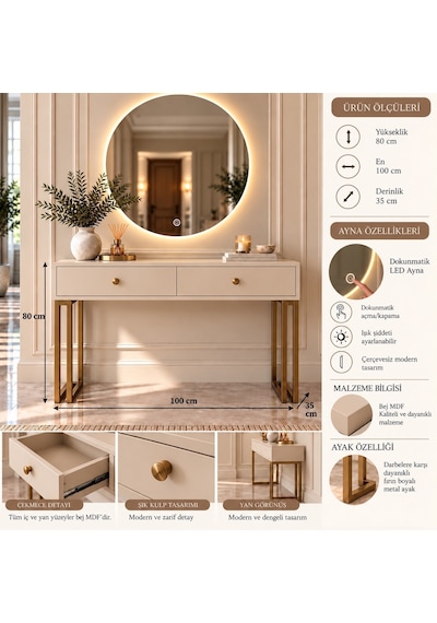 Metal Ayaklı Led Aynalı 2 Çekmeceli Dresuar - Bej Mdf Metal Ayaklı Led Aynalı 2 Çekmeceli Dresuar - Bej Mdf