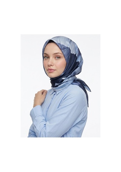 Bushu Çiçek Ve Desenli Twill Eşarp Lacivert Sevgi