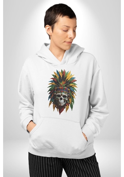 Kurukafa İskelet Kızılderili Tüy Kartal Şefi Kadın Erkek Beyaz Kapüşonlu Sweatshirt Hoodie Beyaz