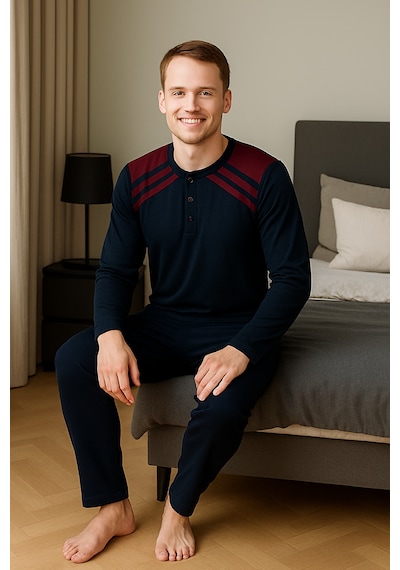 Mutlu City Erkek İnterlok Rahat Kalıp Sıfır Yaka Pamuk Pijama Takımı 6772 Lacivert - Bordo Mutlu City Erkek İnterlok Rahat Kalıp Sıfır Yaka Pamuk Pijama Takımı 6772 Lacivert - Bordo