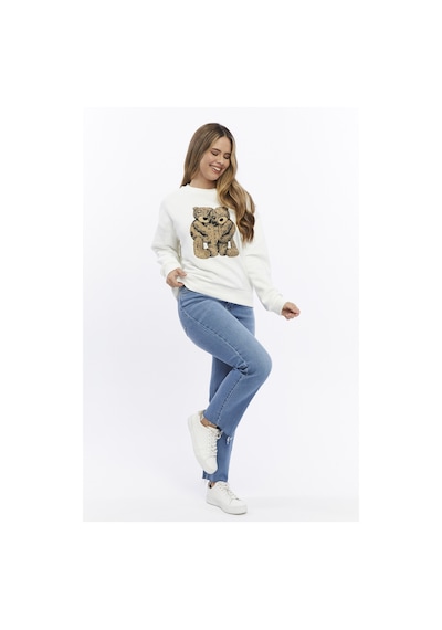 Kadife Ayıcıklar Desenli Şardonlu İçi Polarlı Ekru Regular Fit Bisiklet Yaka Kadın Sweatshirt Ekru