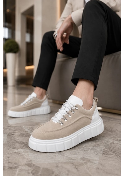Mevese Duolc Bağcıklı Süet Erkek Günlük Rahat Taban Sneaker Ayakkabı - Krem