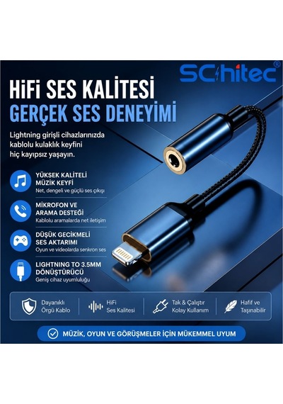 Schitec Lightning To 3.5mm Aux Dönüştürücü 10cm Siyah Hg/axt-01