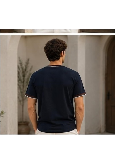 Ribana Erkek Kısa Kollu Bisiklet Yaka Şerit Detaylı Düz Renk T-shirt 4224 Lacivert