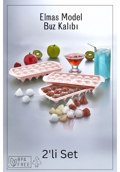 18 Bölmeli Elmas Model Buz Kalıbı / 2'li Set - Pembe Pembe