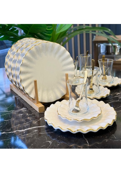 18 Parça Fold Pasta Çay Saati Seti Gold-4629 Beyaz