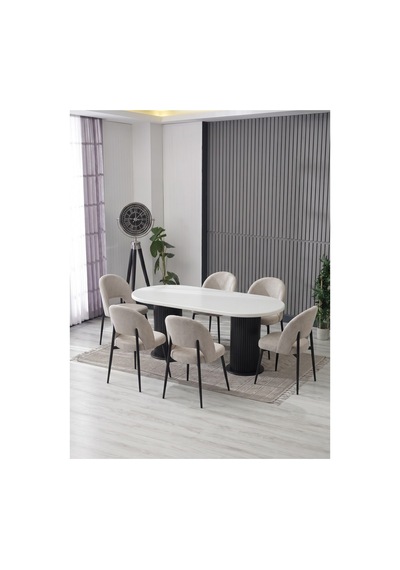 Meri 90x180 Bohem Masa - 6 Adet Ay Sandalye / Kalve Kumaş- Mdf Masa Krem Krem