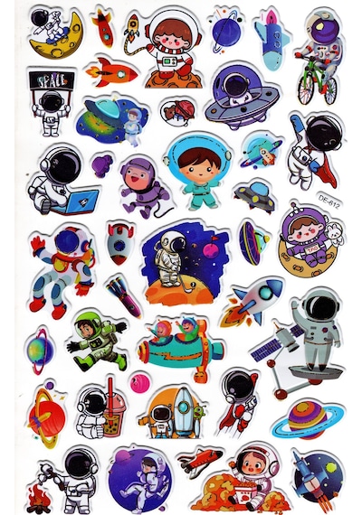Sticker Kabartmalı Yaldızlı Stiker Çıkartma Etiket De612 -16x25 Cm- Astronot Space Çok Renkli