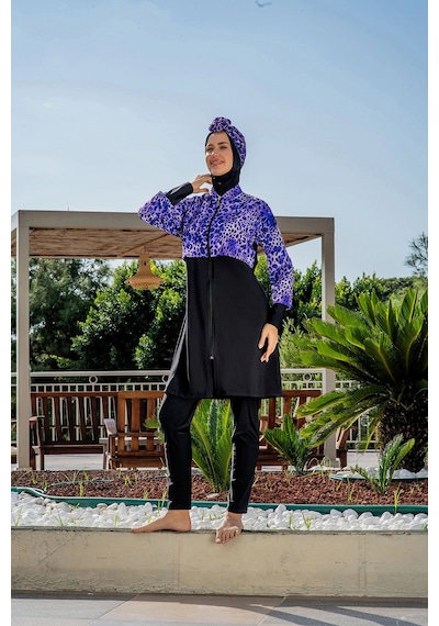 Ruko Maio Kadın Crop Üst Rahat Kesim Lycra Su İten Kumaş Haşema Mor Mayo Takımı Mor Desenli
