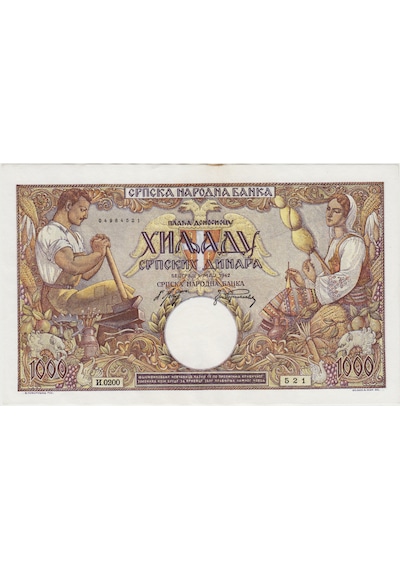 Sırbistan 1000 Dinar 1942 Iı. Dünya Savaşı - Nazi İşgali Dönemi Parası. Üst Ve Alt Kenardan Çok Hafif Dalgalı Çil - Kondisyon. Nadir.