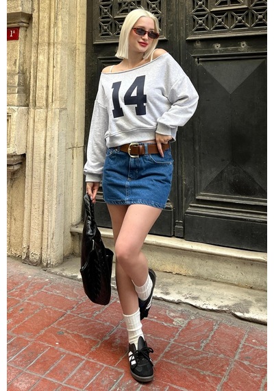 Karmelanj Kayık Yaka Baskılı Kadın Sweatshirt Mg2205