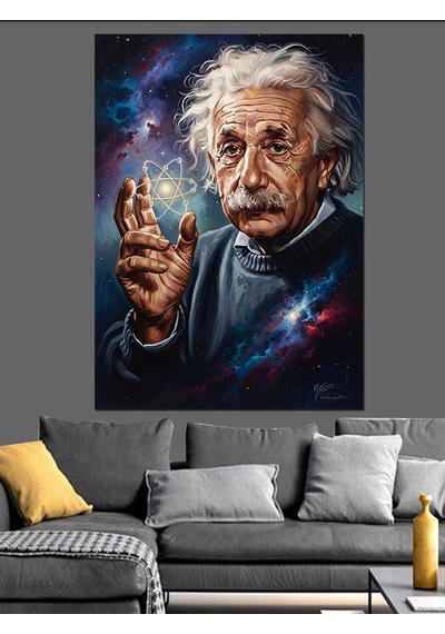 Bilim İnsanı Einstein Yıldızlar Arasında Dekoratif Kanvas - Mdf Ahşap Tablo