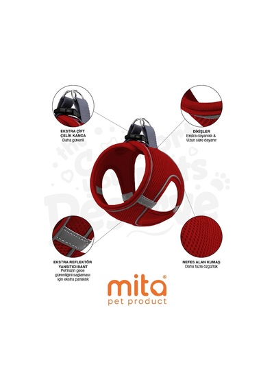 Mita Air Mesh Kedi Köpek Göğüs Tasması Çift Reflektörlü, Terletmeyen Kırmızı