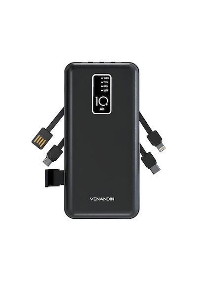 Powerbank 10.000 Mah Hızlı Şarj Destekli, 4'ü 1 Arada Entegre Kablolu Taşınabilir Şarj Cihazı-1713 Siyah