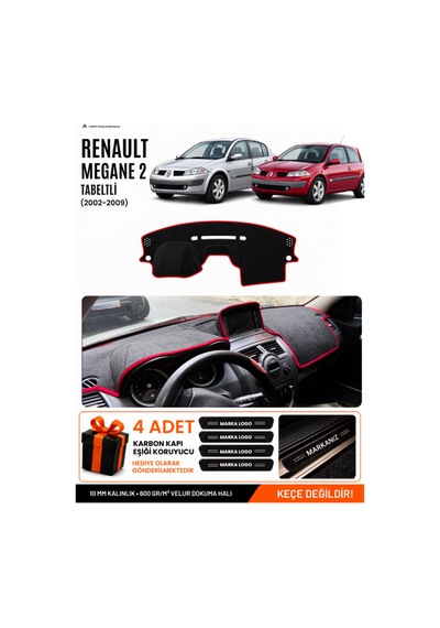 Renault Megane 2 Büyük Ekranlı 2002-2009 Uyumlu Torpido Örtüsü - Siyah Kırmızı