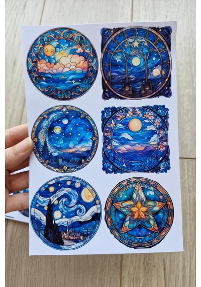 Kolbi Craft 12 Adet Vitray Van Gogh Sticker Seti Bullet Journal Laptop Termos Scrapbook Renkli Cam Yuvarlak Abanoz