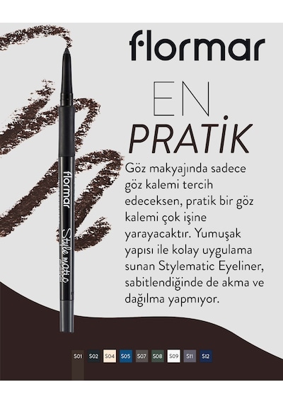 Flormar Stylematic Mat Bitişli & Suya Dayanıklı Asansörlü Göz Kalemi S01 Chocolate Cream