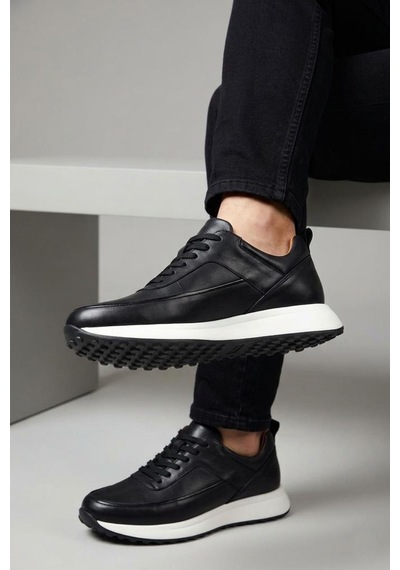 Papuçcity Pisagor Ps-5757 Erkek Hakiki Deri Sneakers Spor Ayakkabı Siyah