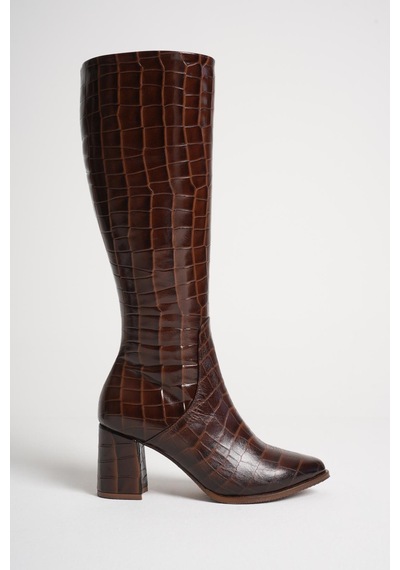 Analin Shoes Kadın Hakiki Deri Altın Toka Detaylı Şık Topuklu Çizme Kahve Kroko