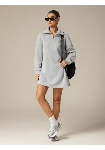 Afri 3 İplik Şardonlu Gri Oversize Fermuarlı Tunik Sweatshirt - Günlük Spor Elbise Gri