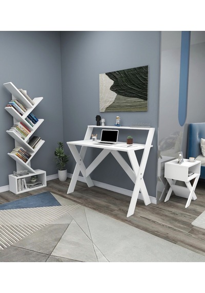 Enda Home X Çalışma Odası Seti Çalışma Masası Kitaplık Komodin Beyaz Çalışma Masası Kitaplık Seti Beyaz