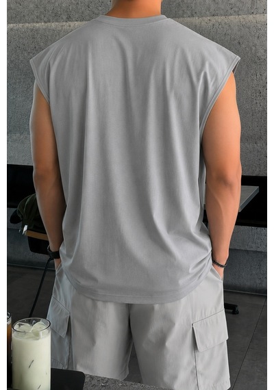 Cool Tarz Erkek Oversize Kolsuz Tişört %100 Pamuk Süprem Basic Bisiklet Yaka Gri Gri