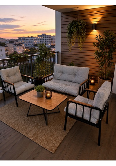 Liva Bahçe Balkon Oturma Grubu - 2+1+1 Takım + Sehpa - Siyah Metal İskelet Konforlu Kırpık Dolgu Açık Gri Liva Bahçe Balkon Oturma Grubu - 2+1+1 Takım + Sehpa - Siyah Metal İskelet Konforlu Kırpık Dolgu Açık Gri