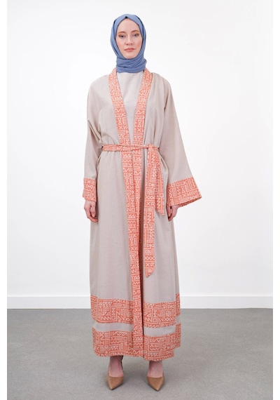 Pureva Garni Detaylı Kuşaklı Keten İkili Kimono - Bej/oranj Çok Renkli