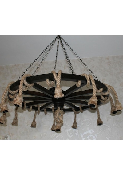 Otantik Çarşı Ahşap Halatlı Teker Avize 100 Cm. 13'lü Serbest Sarkıtlı