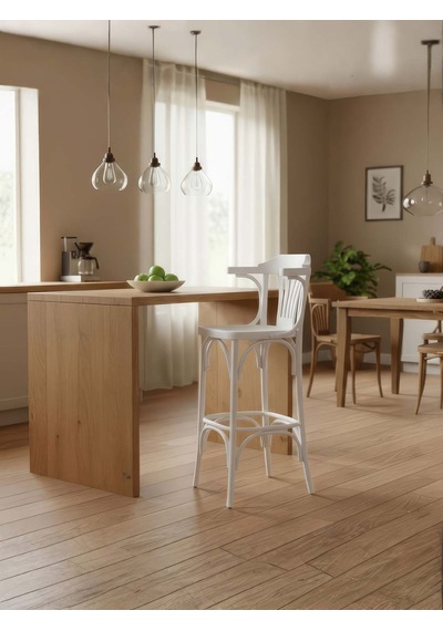 Thonet Kolçaklı Ahşap Bar Sandalyesi Beyaz