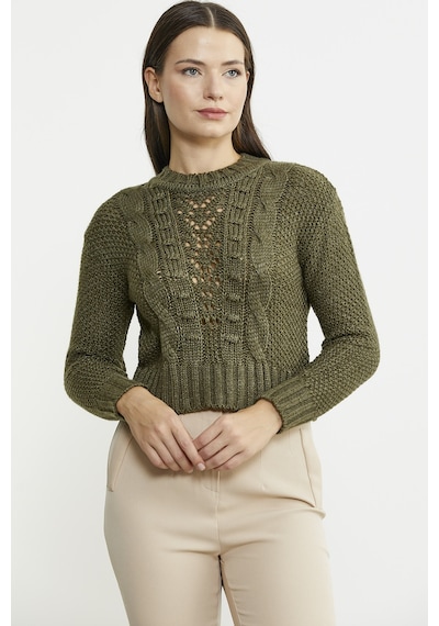 Sementa Saç Örgü Motifli Crop Yünlü Triko Kazak - Haki 001