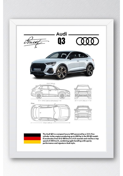 Audi Q3 Tablo - Teknik Özellikli Alman Lüks Suv Poster - Çerçeveli Duvar Dekoru - Araba Blueprint Beyaz