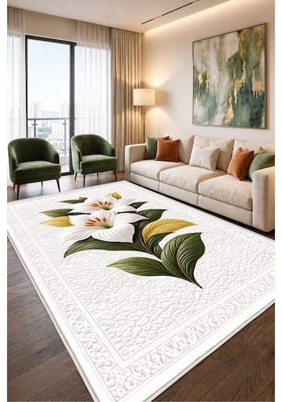 STY Home Beyaz Çiçekli Dijital Baskı Halı Kaymaz Tabanlı Yıkanabilir Halı Yolluk Salon Halısı143